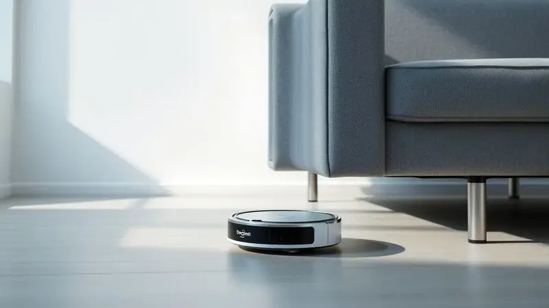 Ilustração 3D de um robô aspirador fino passando por baixo de um sofá para limpar áreas difíceis.