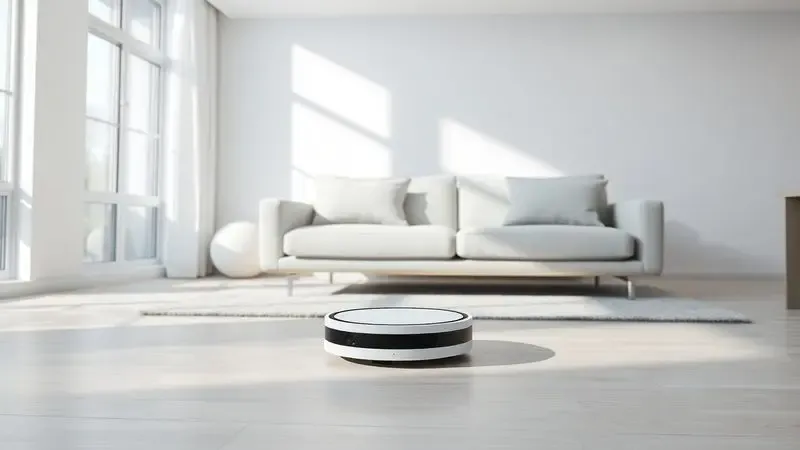 Ilustração 3D de um robô aspirador de perfil baixo deslizando sob um sofá moderno em uma sala clara.