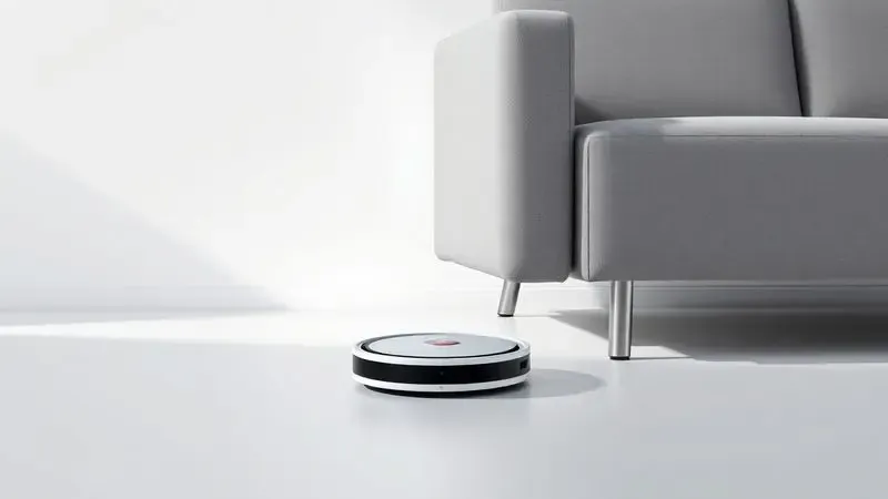 Ilustração de um robô aspirador com design super fino passando por baixo de um sofá moderno em uma sala de estar.