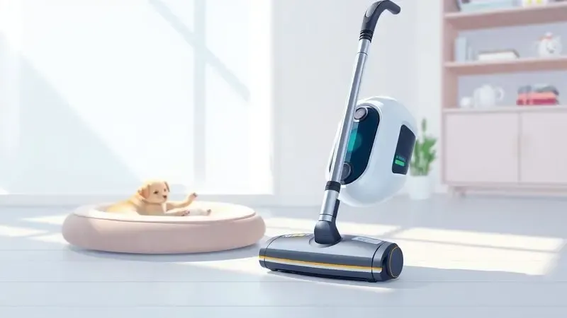 Ilustração artística de um robô aspirador limpando suavemente perto de uma caminha de animal de estimação em uma sala clara.
