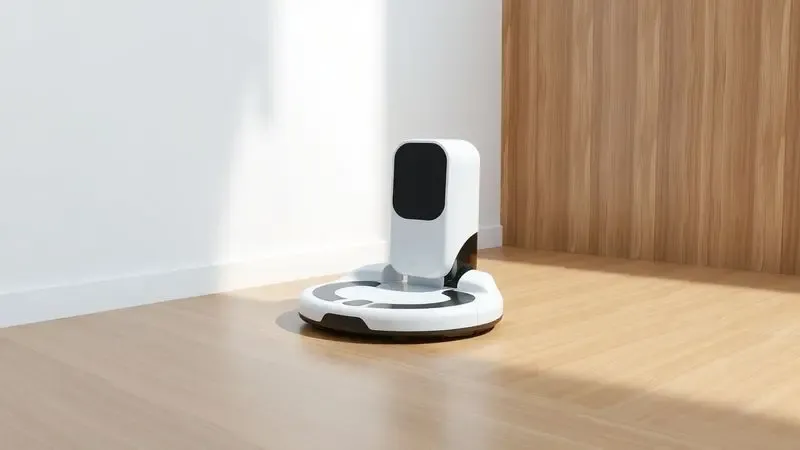 Renderização 3D conceitual de um robô aspirador realizando funções de varrer, aspirar e passar pano em um piso de madeira claro.