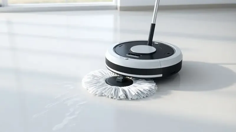 Renderização artística de um robô aspirador com acessório de mop limpando um piso de porcelanato brilhante.