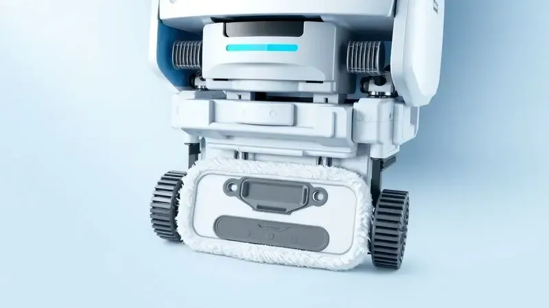 Ilustração digital mostrando a parte inferior de um robô aspirador com escovas e pano de limpeza integrados.