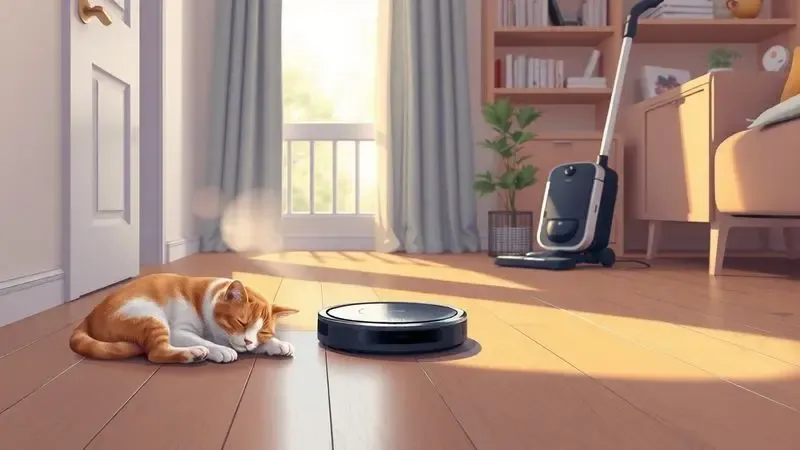 Cena de um apartamento limpo e aconchegante com um robô aspirador trabalhando silenciosamente próximo a um pet.