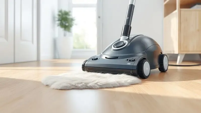 Ilustração de um robô aspirador conceitual removendo pelos de animais de um piso de madeira clara em uma sala ensolarada.