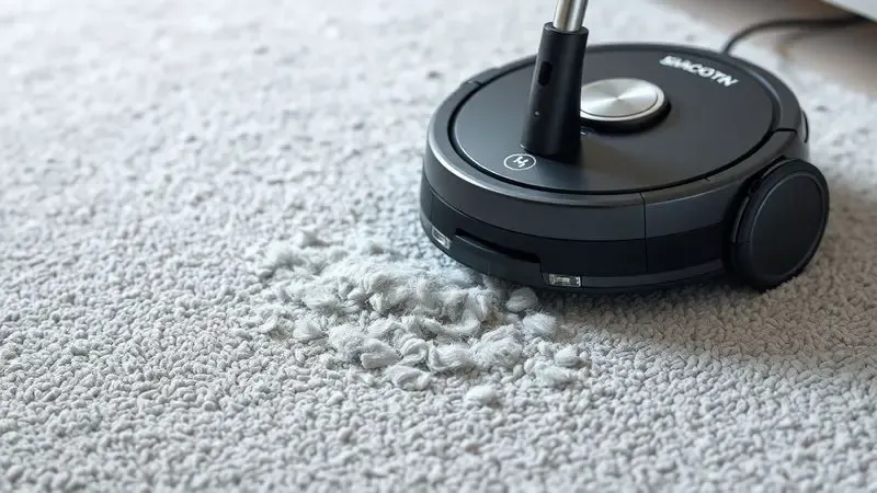 Robô aspirador de pó limpando pelos de animais e poeira fina sobre um tapete cinza texturizado.