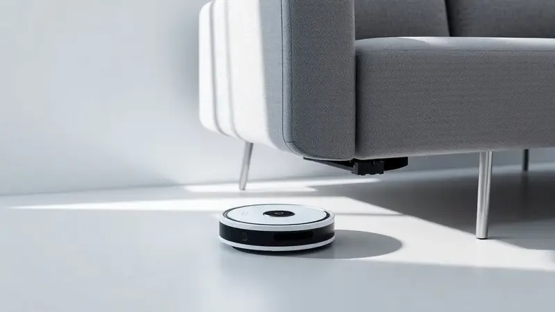 Renderização 3D de um robô aspirador de design fino deslizando perfeitamente sob um sofá moderno.