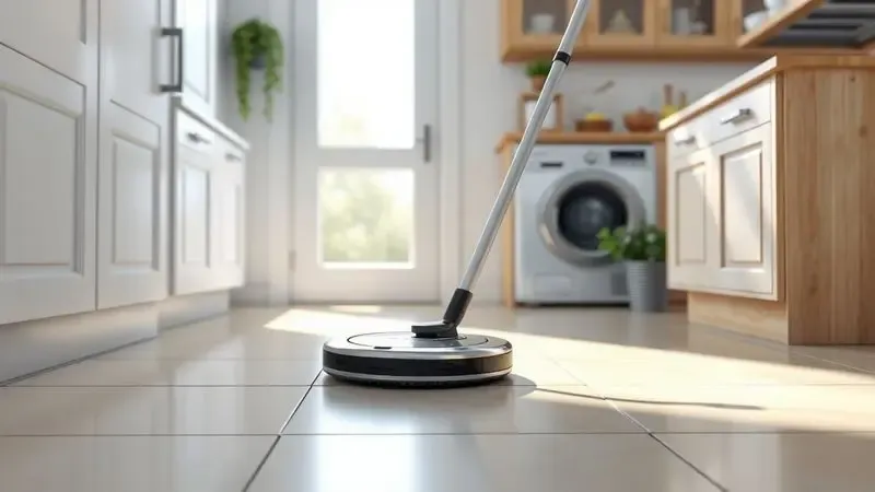 Ilustração digital de um robô aspirador limpando o piso de uma cozinha iluminada pela luz do sol.