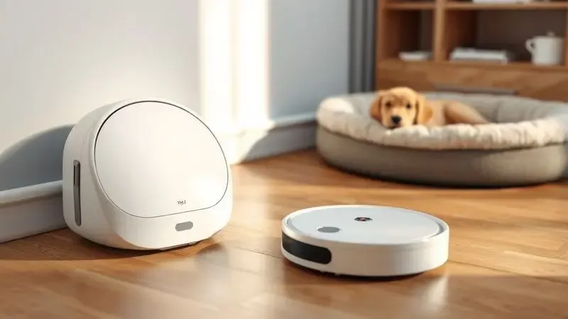 Ilustração artística de um robô aspirador próximo a uma caminha de pet em um chão de madeira, simbolizando a remoção de pelos.