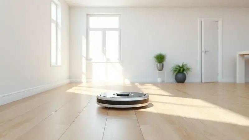 Robô aspirador genérico limpando um piso de madeira impecável em um ambiente moderno e minimalista.