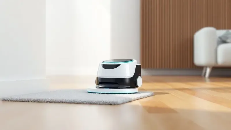 Ilustração 3D de um robô aspirador moderno limpando suavemente entre um piso de madeira e um tapete fino.