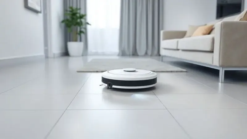 Ilustração digital de um robô aspirador percorrendo o chão de uma sala moderna de forma organizada, demonstrando padrões de movimento.