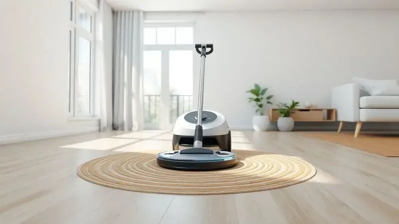 Ilustração 3D de um robô aspirador realizando movimentos circulares de limpeza em uma sala de estar clara e moderna.