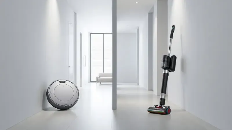 Comparativo visual entre um robô aspirador circular e um aspirador vertical em um corredor minimalista.