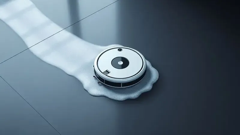 Ilustração artística de um robô aspirador passando pano e deixando um rastro de limpeza em piso escuro.