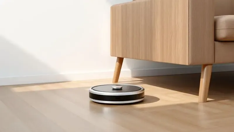 Ilustração 3D de um robô aspirador compacto limpando a área abaixo de um móvel planejado.