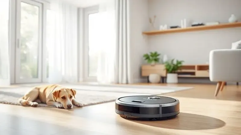 Ilustração artística de um robô aspirador operando silenciosamente perto de um animal de estimação em uma sala ensolarada.