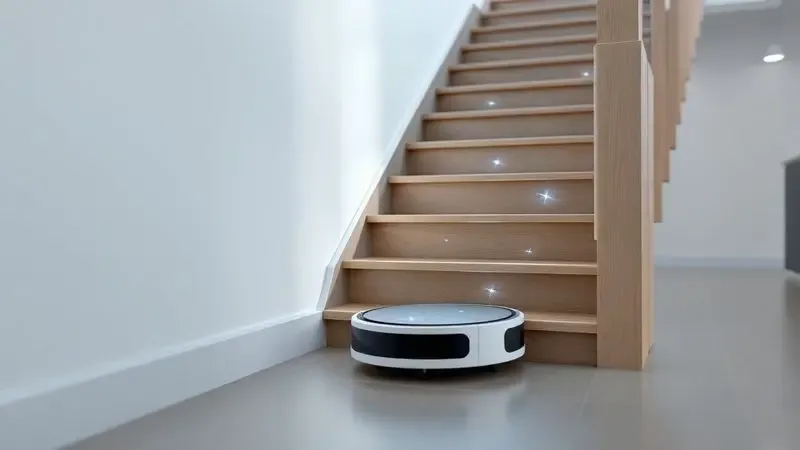Ilustração conceitual de um robô aspirador detectando a borda de uma escada com sensores de segurança.