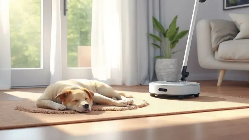 Ilustração de um animal de estimação dormindo tranquilamente enquanto um robô aspirador silencioso limpa o ambiente ao redor.