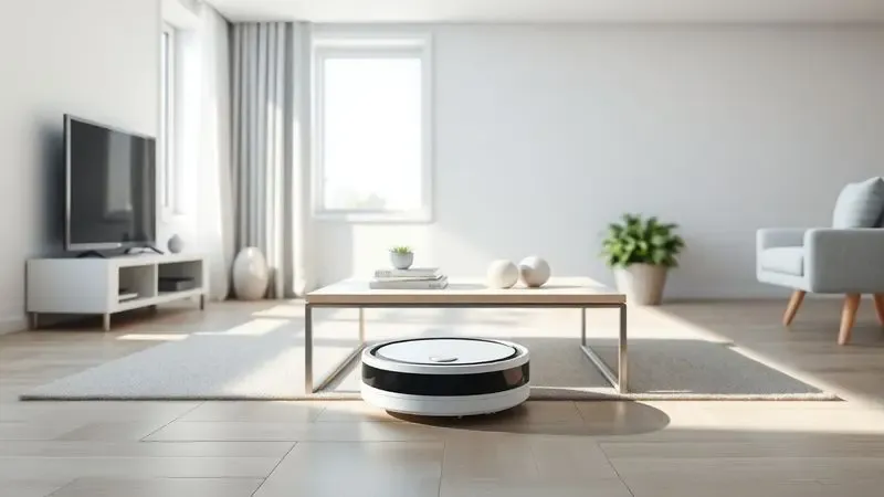 Renderização 3D de um robô aspirador limpando embaixo de um móvel em uma sala de estar iluminada e minimalista.