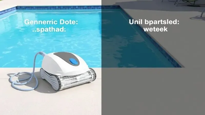 Ilustração digital comparando tecnologias de robôs de piscina com fio e sem fio em um ambiente moderno.