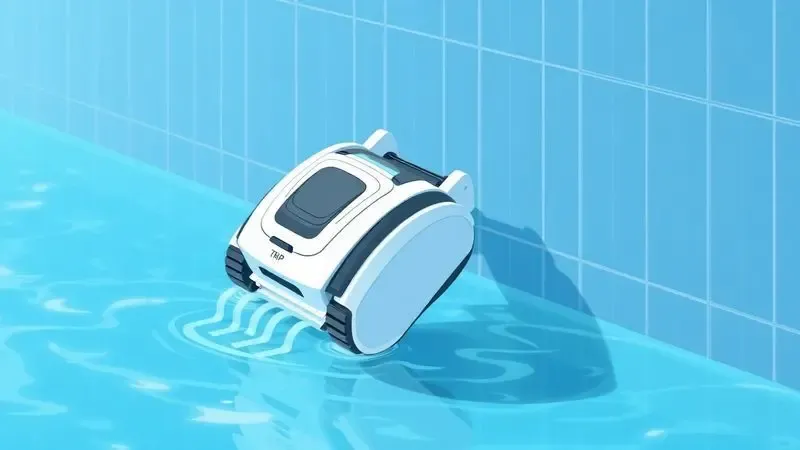 Ilustração de um robô de limpeza subindo a parede da piscina em direção à linha d'água.
