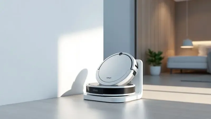 Conceito de casa inteligente com robô aspirador em base de carregamento minimalista e moderna.