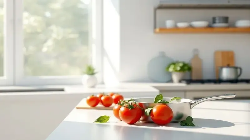 Renderização 3D de uma bancada de cozinha minimalista e iluminada com uma panela moderna e vegetais frescos.