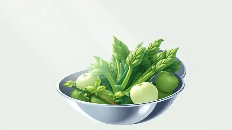Ilustração digital de vegetais frescos em uma panela metálica brilhante, destacando a pureza e a saúde no cozimento.