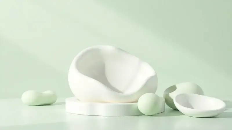 Ilustração 3D conceitual representando a pureza e segurança dos materiais cerâmicos naturais para a saúde.