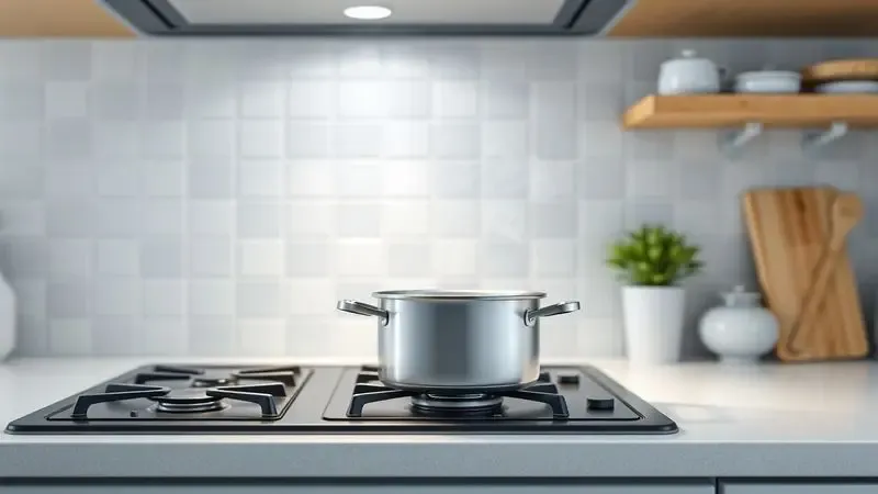 Cena conceitual de uma cozinha segura e limpa com vapor suave saindo de uma panela em uma superfície moderna.