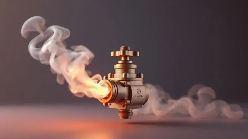 Ilustração 3D focada em uma válvula de pressão estilizada liberando vapor de forma controlada em um ambiente seguro e moderno.