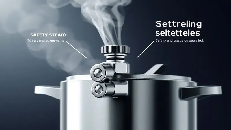 Ilustração artística de uma válvula de segurança de panela de pressão liberando vapor de forma controlada.