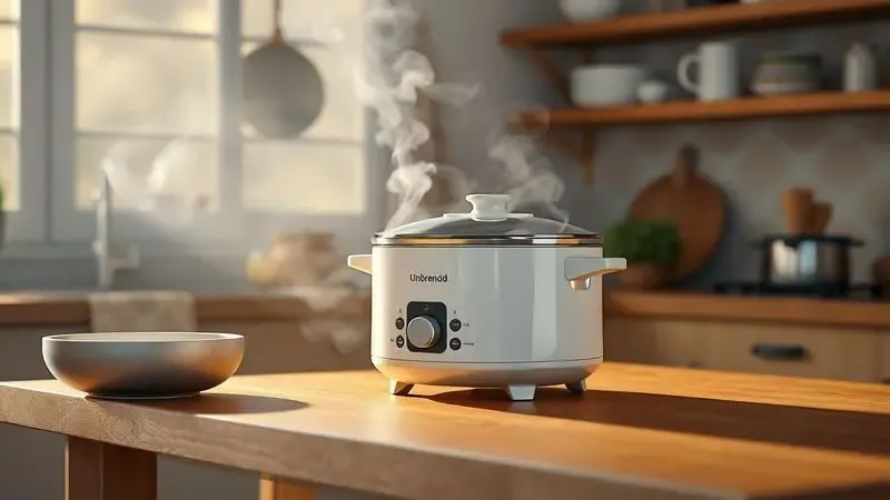 Cena de cozinha aconchegante com panela elétrica e vapor suave, simbolizando segurança e praticidade doméstica.
