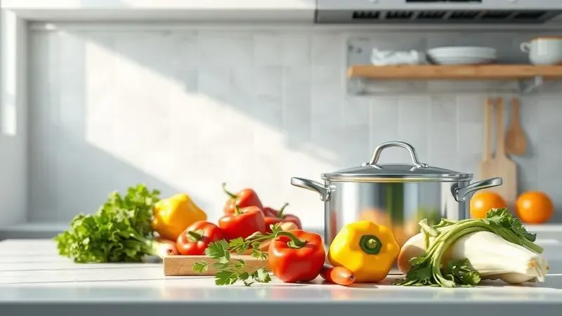 Ilustração conceitual de uma panela de inox cercada por ingredientes frescos, transmitindo segurança alimentar e saúde.