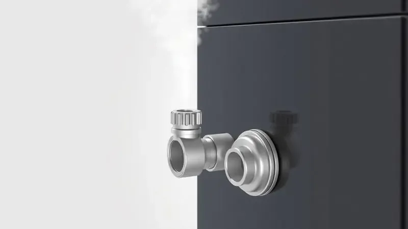Renderização 3D minimalista focada na válvula de segurança de uma panela elétrica com vapor suave, indicando proteção no uso.