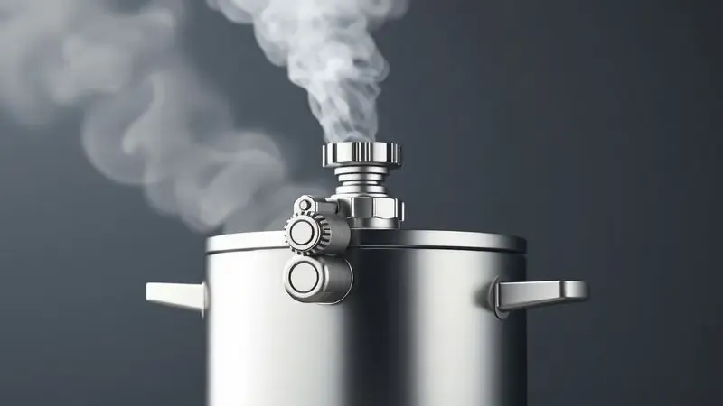 Ilustração 3D da válvula de segurança de uma panela de pressão elétrica liberando vapor suavemente de forma controlada.