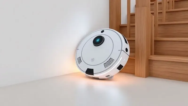 Representação artística de um aspirador robô detectando a borda de uma escada com sensores de luz conceituais.