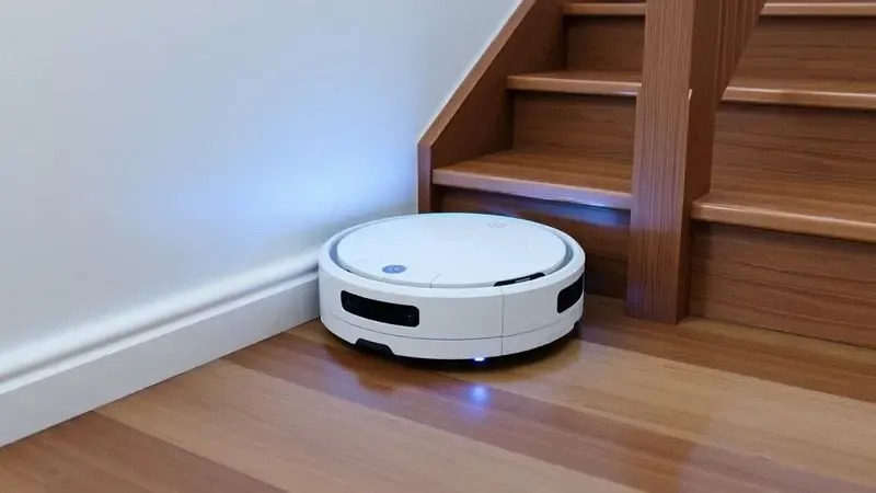 Robô aspirador inteligente parando na borda de um degrau de escada de madeira usando sensores.