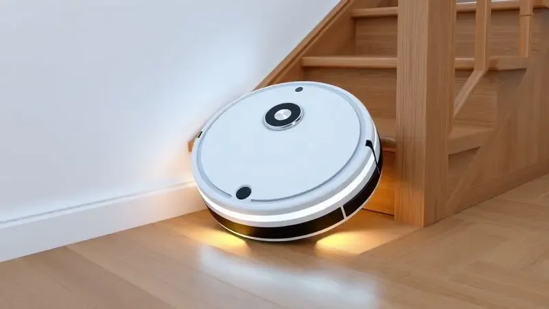 Renderização digital de robô aspirador detectando o topo de um degrau de escada com sensores de segurança.