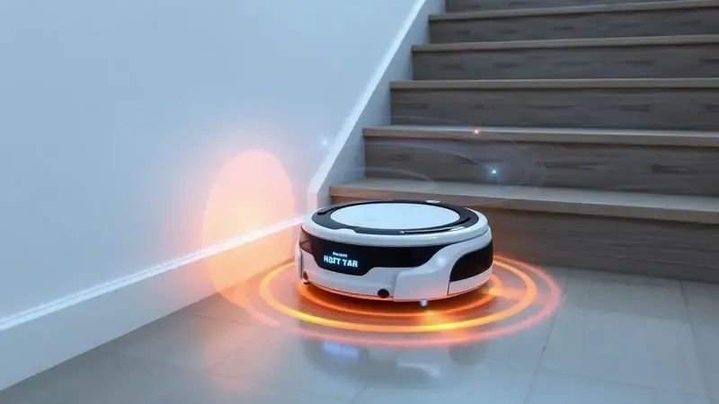 Representação artística de sensores de navegação e tecnologia antiqueda em robô aspirador.