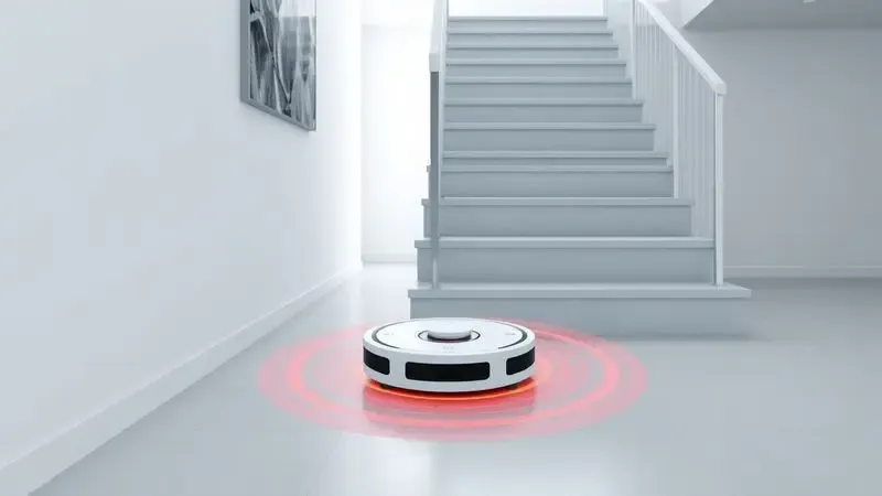 Renderização 3D de um robô aspirador detectando a borda de uma escada através de seus sensores antiqueda inteligentes.