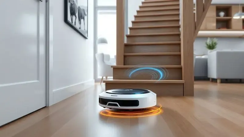 Ilustração conceitual de um robô aspirador com sensores antiqueda parando com segurança na borda de uma escada.