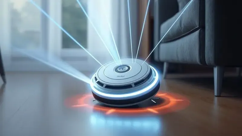 Renderização artística de sensores inteligentes de um aspirador robô detectando obstáculos e mapeando o ambiente.