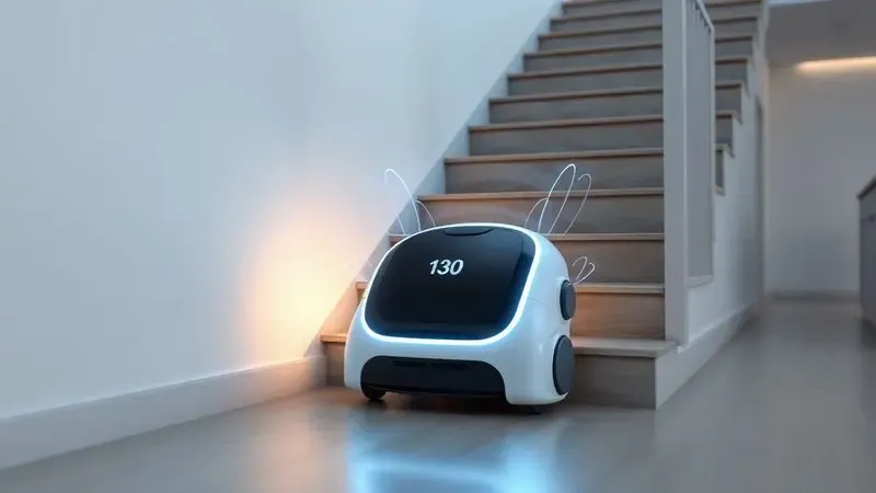 Representação visual de robô aspirador utilizando sensores para evitar queda em degraus de uma escada.
