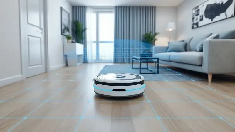 Ilustração 3D de robô aspirador utilizando sensores laser para mapear o ambiente interno de uma casa moderna.