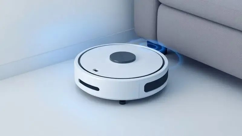 Representação artística de um robô aspirador utilizando sensores de luz para mapear obstáculos em uma sala.