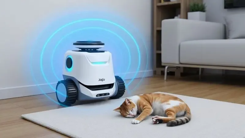 Renderização 3D de um robô aspirador usando sensores de laser para desviar de um gato descansando em um tapete.