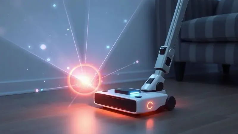 Ilustração de sensores inteligentes de um robô aspirador detectando obstáculos para evitar colisões.