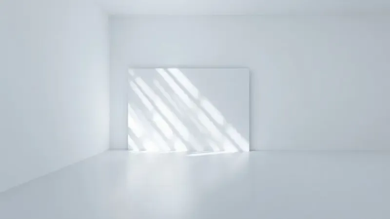 Representação artística de feixes de luz refletindo em uma superfície espelhada em um ambiente minimalista.